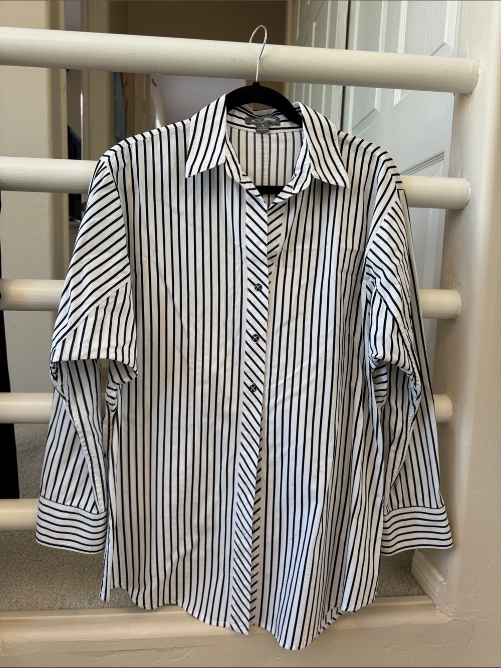 Women's Black & White Vertical Stripe Button-Down Shirt